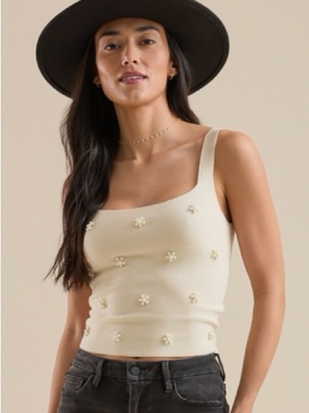 Altar'd State Cream Floral Bead Square-Neck Tank